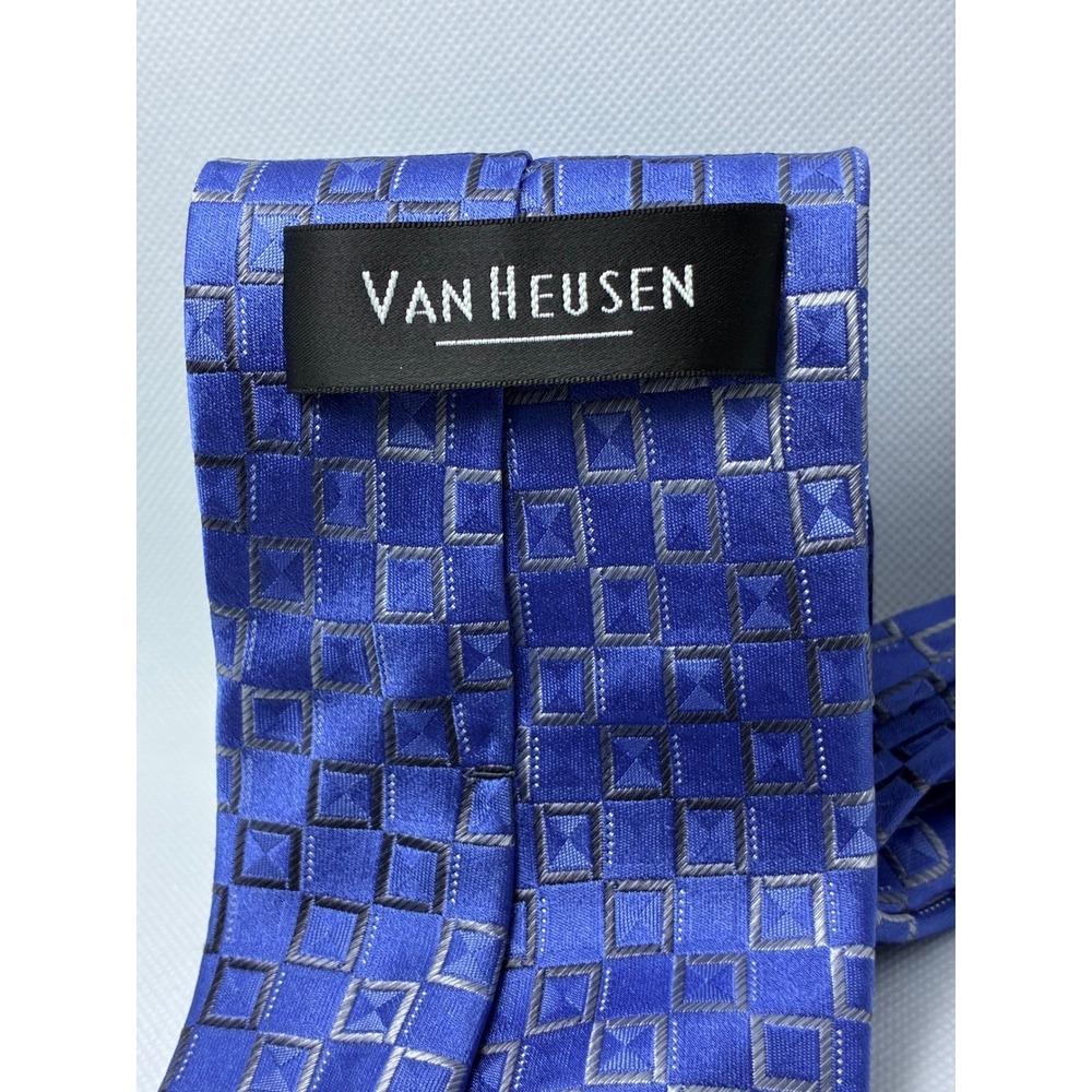 Van Heusen Mens Blue Silver Geometric Square Pattern Stain Resistant Silk Tie - Picture 4 of 6